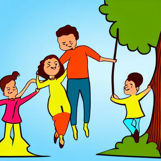 Image similar to a cartoon illustration of mom dad and kid who are shaped like a circle, pushing their kid on a tree swing. bold colors, indigo, mustardy yellow, pea green