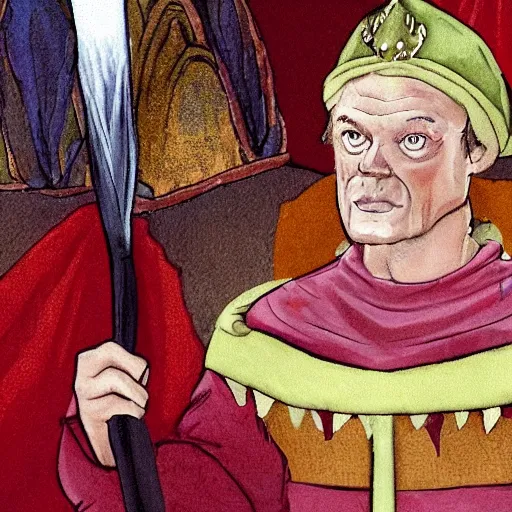 Prompt: donald tusk in medieval times look like merlin magic spells costume high details cinematic mood