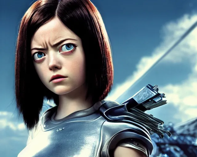 Image similar to a film still from battle angel alita played by actress emma stone, portrait, beautiful, cinematic lighting, photorealistic, hyperrealistic, highly detailed, close - up, high resolution, 4 k