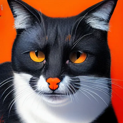 Prompt: an Hyper realistic artwork of a black orange-eyed cat by Jason de Graaf