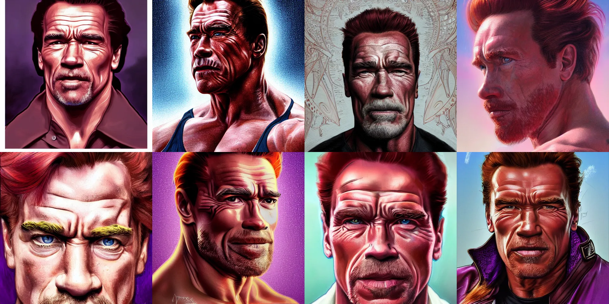 Prompt: close up portrait of a Arnold Schwarzenegger with red hair and freckles, intricate, elegant. highly detailed, digital painting, artstation, concept art, smooth, sharp, focus, illustration. background is purple, art by artgerm and greg rutkowski and alphonse mucha,