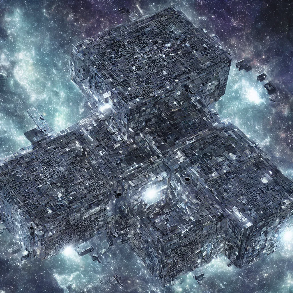 Image similar to a borg cube in space, art by mark cooper, 8 k, hyper detailed, hdr, intricate, masterpiece