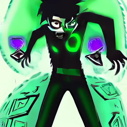 Image similar to A digital matte intricate illustration concept art of young Danny phantom with glowing green eyes and sharp teeth fangs alt art fashion inspired art by C