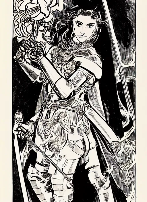 Prompt: head and shoulders portrait of a female knight. well composed, clean elegant painting, beautiful detailed face. comic book art by steve ditko and jack kirby and ( alphonse mucha )