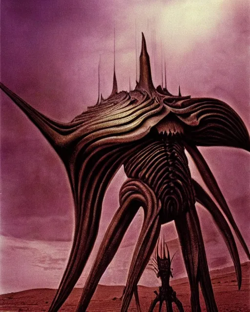 Image similar to dust goliath by h. r giger, beautiful alien desert, violet storm, unusual, cinematic, perfect, highly detailed, masterpiece, award winning