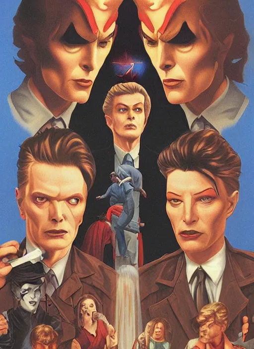 Image similar to twin peaks poster art, david bowie fighting his doppelganger gemini good and evil, old retro pulp, by michael whelan, rossetti bouguereau, artgerm, nostalgic, old fashioned