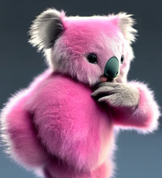 Image similar to high quality 3 d render hyperrealistic very cute small pink koala holding red heart, fog, steam, smoke, plush mascot, short spiky dense fluffy smooth hair, photo from the side, pink fluffy fur, 1 5 0 mm, beautiful natural soft light, rim light, smooth background, artstation, ultra detailed, elegant, ultra detailed, metallic armor, octane render