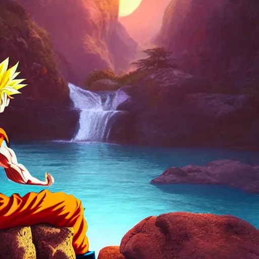 Image similar to photorealistic fantasy concept art of Goku meditating on a rock near a waterfall in front of the sunset, dynamic lighting, cinematic