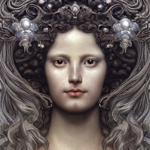 Prompt: baroque neoclassicist closeup renaissance portrait of beautiful moon goddess with stars in her flowing hair, reflective detailed textures, glittering silver ornaments, dark fantasy science fiction painting by diego rivera and jean delville and ruan jia and nicholas roerich and annie swynnerton, dramatic lighting, gleaming silver, rich colors, elihu vedder, artstation, octane render
