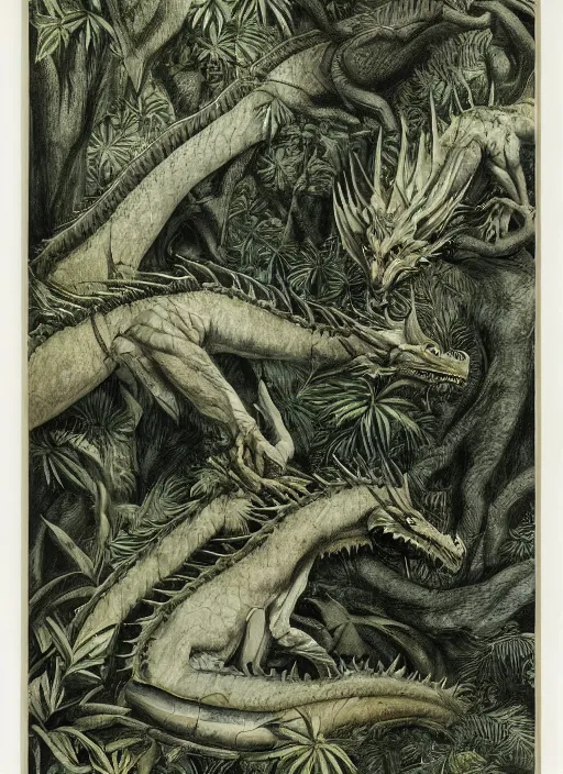 Image similar to game of thrones dragon in a tropical forest, john james audubon, intaglio, sharp focus