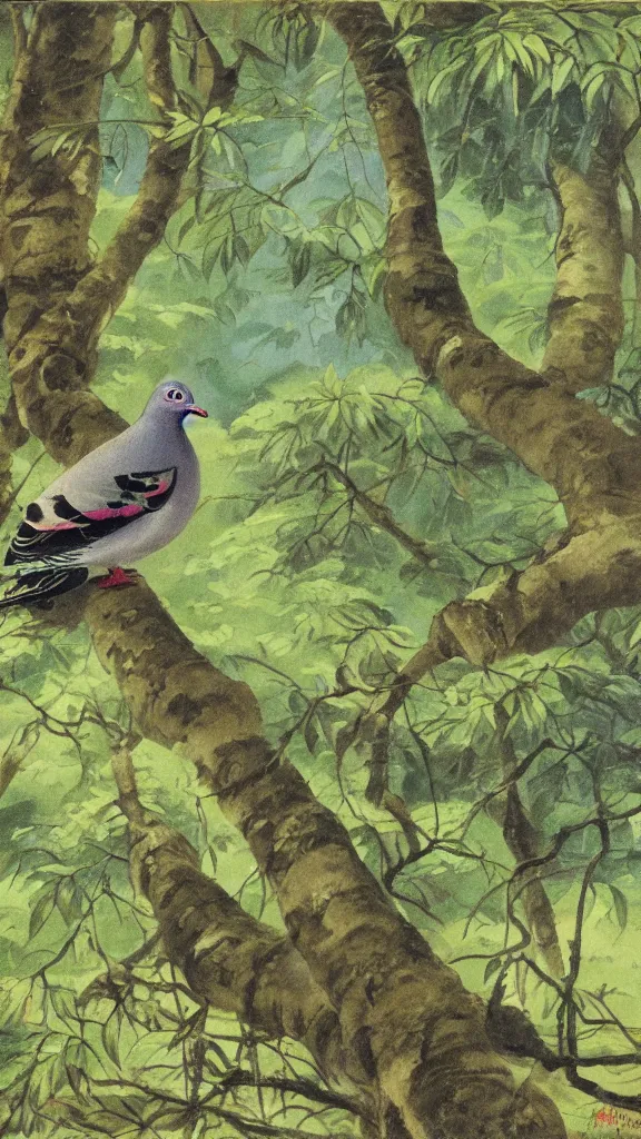 Prompt: a painting of a pigeon in a lush forest, by hiroshi yoshida