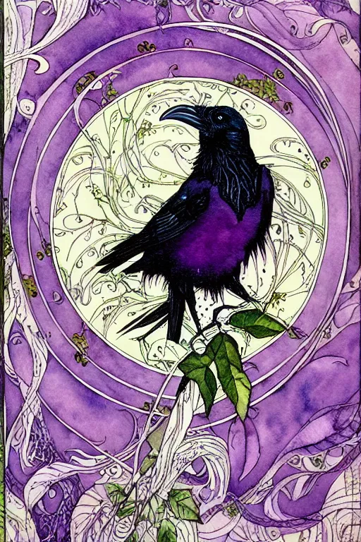 Prompt: single realistic raven in the center of an ornate purple rose frame, art by kay nielsen and walter crane, illustration style, watercolor