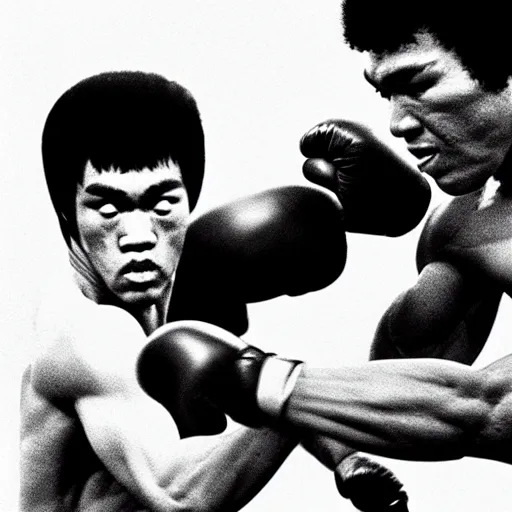 Image similar to bruce lee vs muhammad ali, arena fight, boxing ring