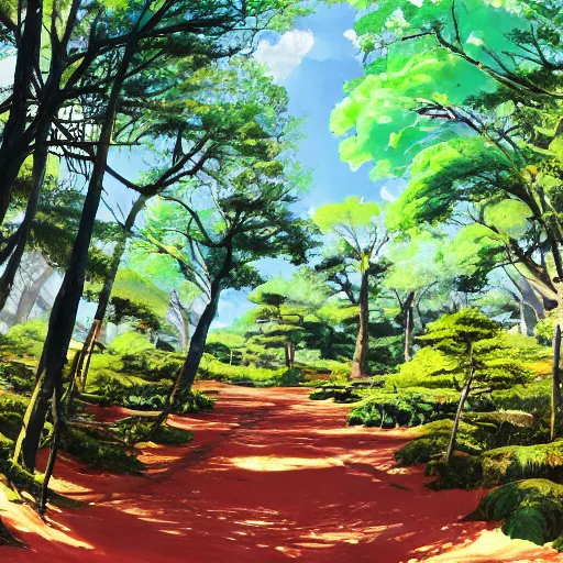 Prompt: deep muddy forest on a sunny day walkway panorama, blooming, very traditional gouache painting gouache by disney makoto shinkai disney pixar kyoto animation