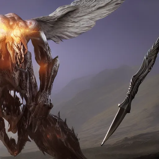 Image similar to cinematography picture of monster with angel wings, no eyes, long jaw, holding a spear, 8k, unreal engine 5, ps5, hyperrealistic, artstation, higly detailed