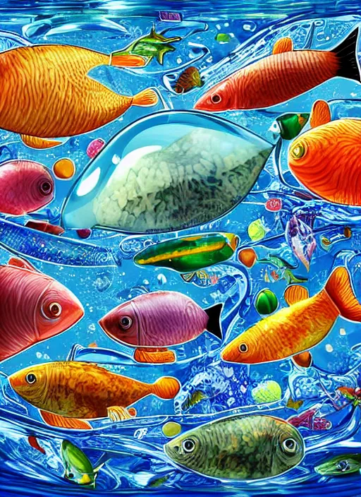 Prompt: the universe in a bottle of water filled with fishes, trending on art station, very detailed, detailed background