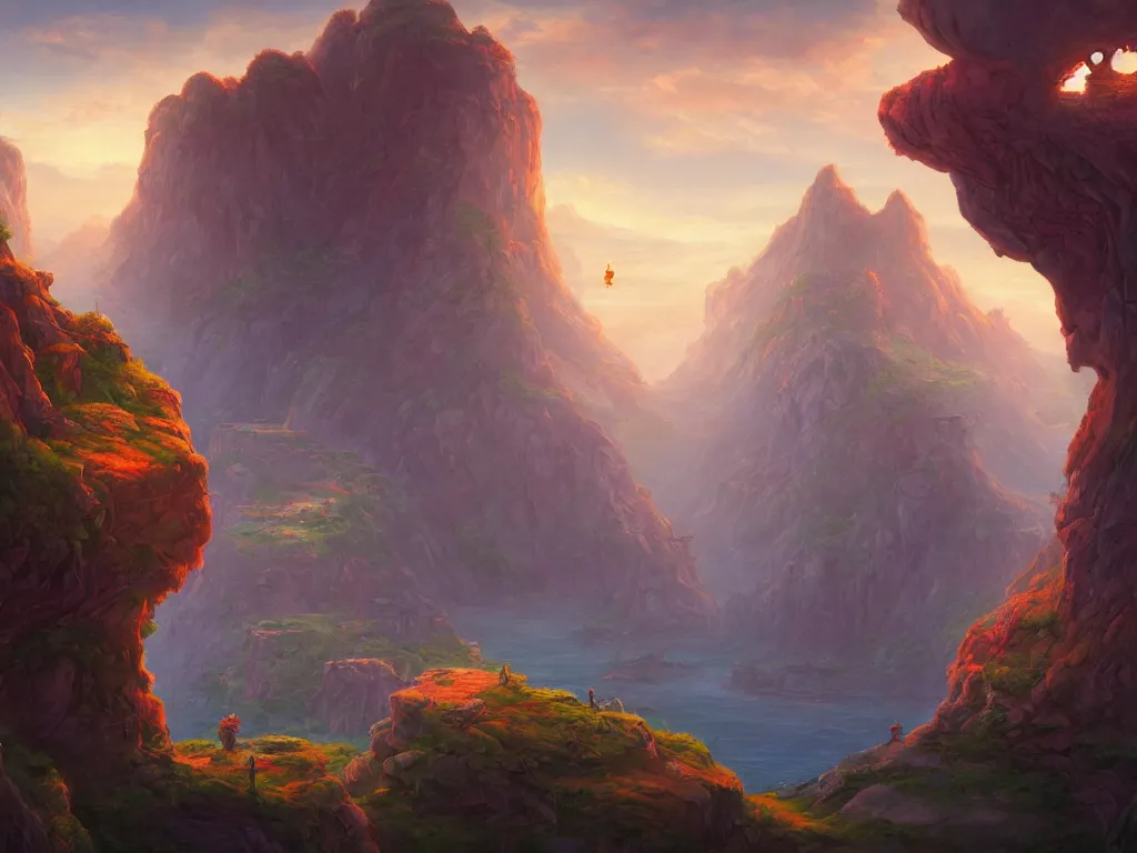 Prompt: a cliffside fortress landscape, art by Noah Bradley and Don Bluth, cinematic, masterpiece, vibrant vivid colors