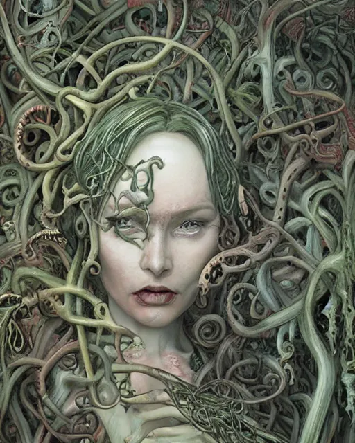 Image similar to centered horrific detailed side view profile portrait of a insane, crazed, mad zombie woman, ornate tentacles growing around, vines and thorns ornamentation, thorns, vines, tentacles, elegant, beautifully soft lit, full frame, by wayne barlowe, peter mohrbacher, kelly mckernan, h r giger