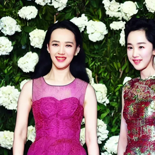 Image similar to zhangziyi and liuyifei in a same frame.flowers around.