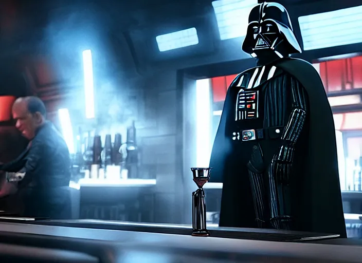 Image similar to film still of Darth Vader working as a bartender in the new Star Wars movie, 4k