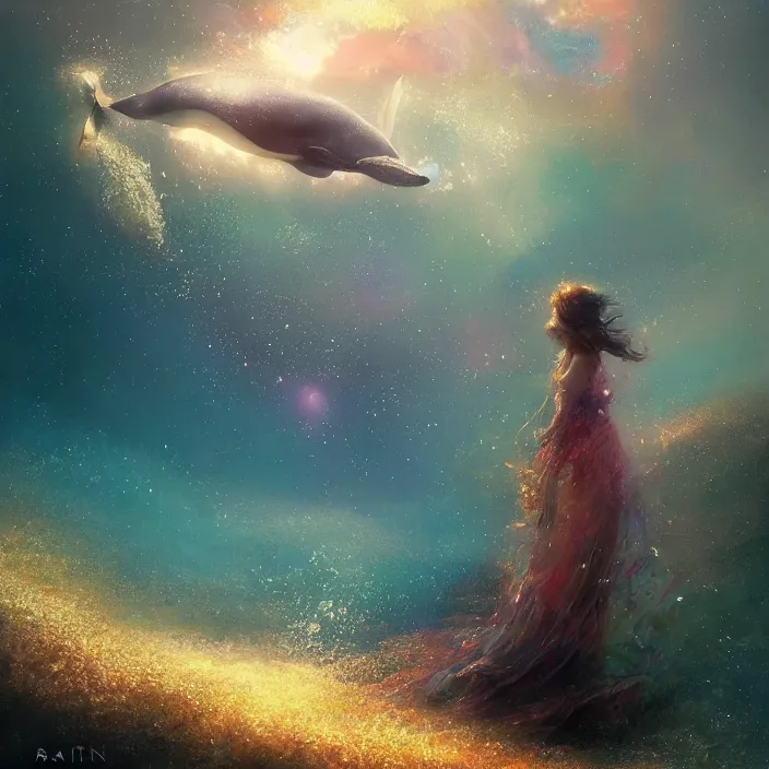 Prompt: glimmering whale, flowing dress, flowers, cosmos, milky way galaxy, golden hour, god rays, coral reef, dreamscape by artgerm and ruan jia and ismail inceoglu and greg olsen, masterpiece, minimalistic, beautiful, intricate, elegant, highly detailed