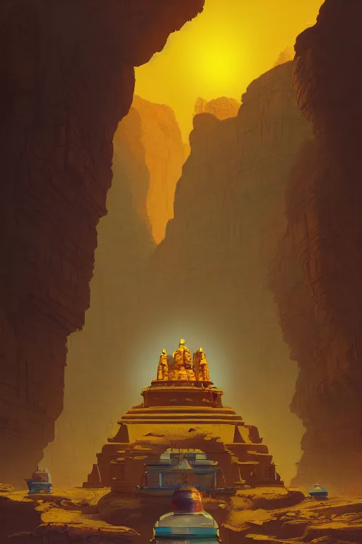 Prompt: ancient indian temple glowing yellow in canyon, monks standing around golden statue, light streaks in the sky, floating planets and moons, dramatic lighting, artstation, matte painting, ralph mcquarrie, simon stalenhag