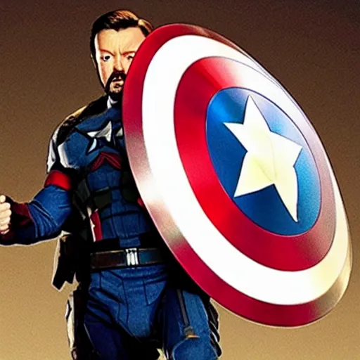 Prompt: a film still of ricky gervais as captain america