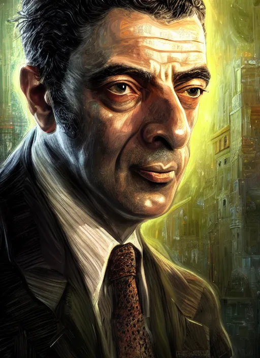 Image similar to lovecraft biopunk portrait of rowan sebastian atkinson, fractal background, au naturel, hyper detailed, digital art, trending in artstation, cinematic lighting, studio quality, smooth render, unreal engine 5 rendered, octane rendered, art style by klimt and nixeu and ian sprigger and wlop and krenz cushart.