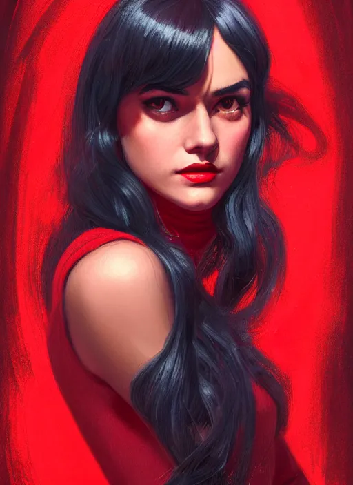 Image similar to portrait of veronica lodge with bangs, 1 9 6 0 s, long hair, red clothes, bangs, intricate, elegant, glowing lights, highly detailed, digital painting, artstation, concept art, smooth, sharp focus, illustration, art by wlop, mars ravelo and greg rutkowski