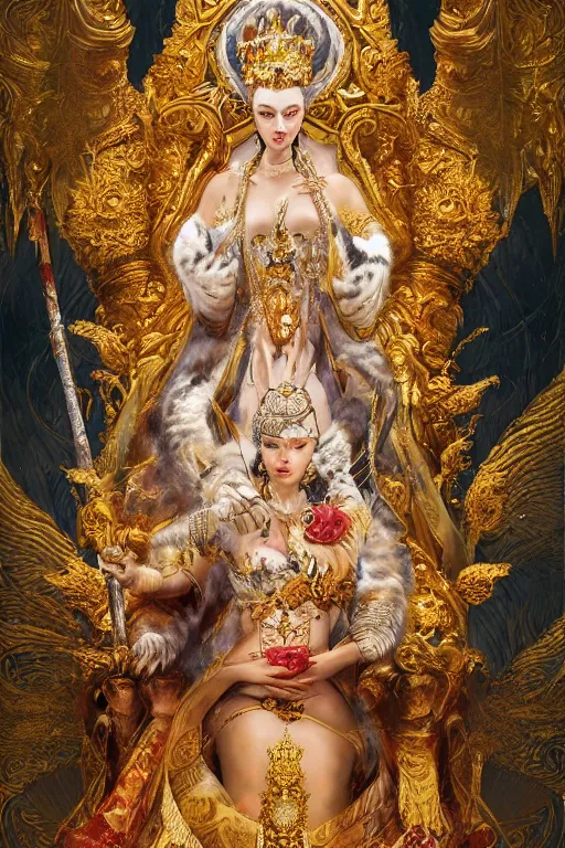 Prompt: ultradetailed painting of a beautiful grand empress on a throne made of gold and Jewels with a single white tiger guardian at her side by Karol Bak, magical realism, volumetric lighting, depth of field, 4k