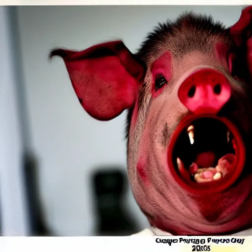 Image similar to creppy 2 0 0 3 photo of a pig masked man screaming in a dark red slaughterhouse