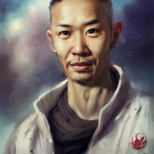 Image similar to a space ship crew member, male, asian, stubble, scars, tired smirk, sci fi character portrait by Ruan Jia and Mandy Jurgens