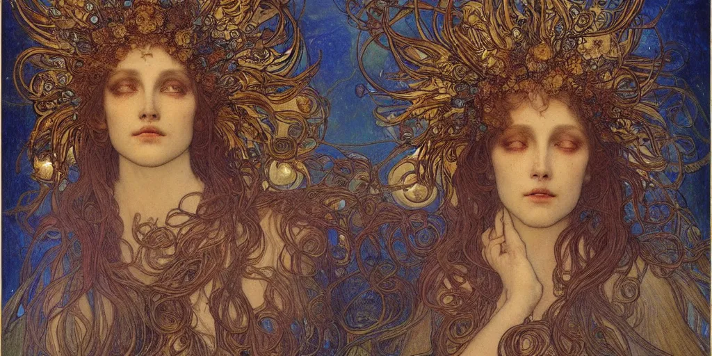 Prompt: portrait burning saint face, venus, athena, halo, by alphons mucha and annie swynnerton and jean delville, strong dramatic cinematic lighting, ornate headdress, flowing robes, spines, flowers, stars, lost civilizations, smooth, sharp focus, extremely detailed, marble, molten gold, space