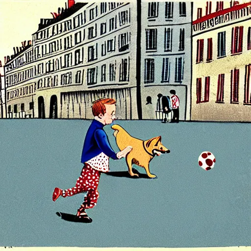 Image similar to book illustration of a french boy on the streets of paris playing football against a corgi, the dog is wearing a polka dot scarf, 1 9 6 6