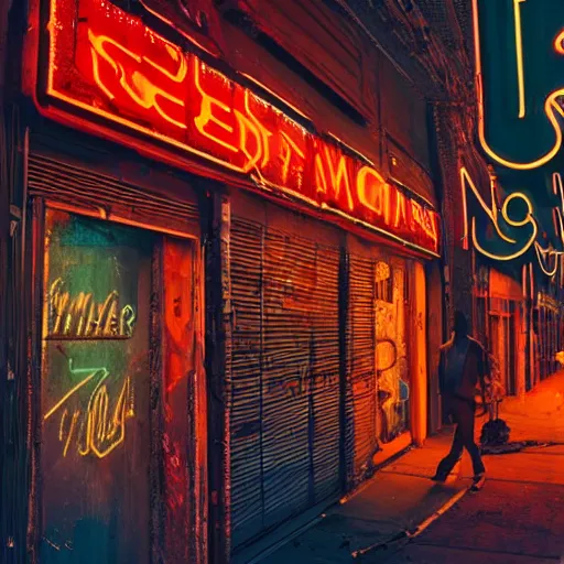 Image similar to thin tendrils of colored smoke whip and swirl around him as he walks down the lonely street of abandoned neon - lit storefronts