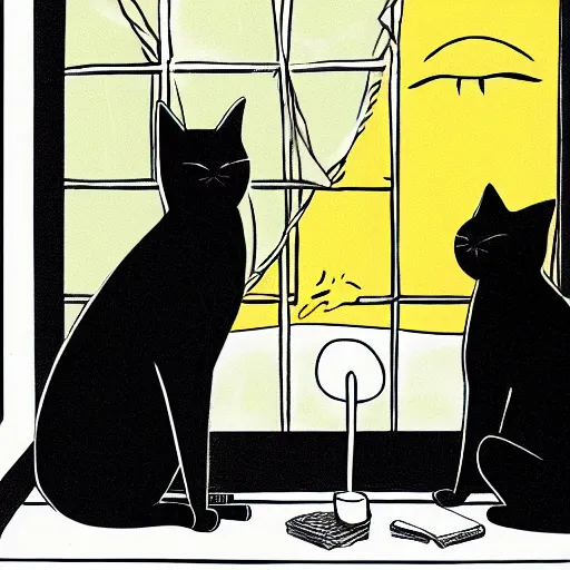 Image similar to a giant black cat with yellow eyes looking through a window at a sleeping blonde girl