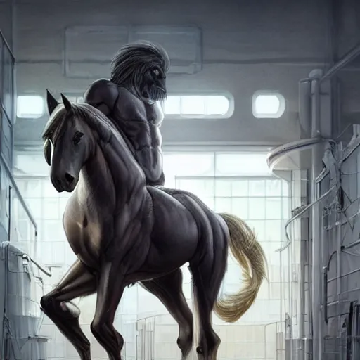 Image similar to a gigantically muscular anthro horse in a research facility wearing a skintight body armor, buff experimental supersoldier, long white mane, digitigrade legs, equine, anthro art, furaffinity, highly detailed, digital painting, artstation, concept art, illustration, art by artgerm, greg rutkowski, ruan jia