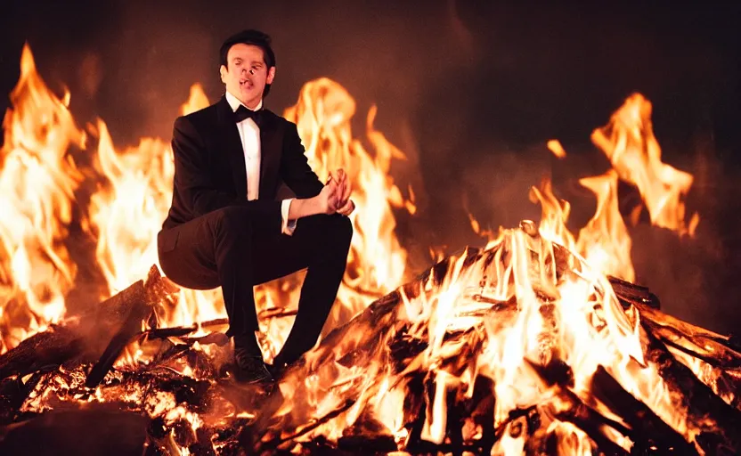 Prompt: a man wearing a tuxedo sitting in the middle of a bonfire