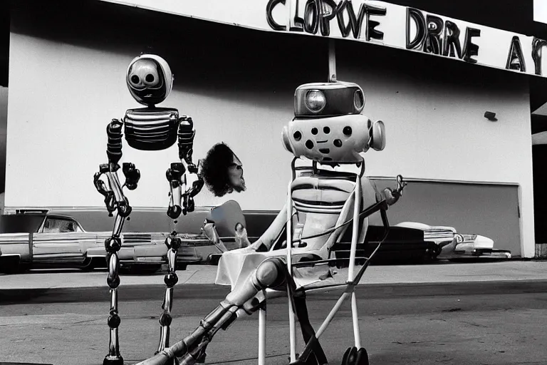 Prompt: robot clown relaxing at a california drive in, in 1 9 7 2, cutecore clowncore, bathed in the the glow of the sunset, low - light photograph, in style of tyler mitchell