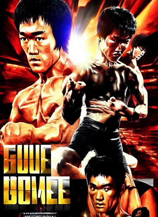 Image similar to Film poster Bruce lee fights VS cyborg terminator, full body, detailed and realistic, 4k, filmic render