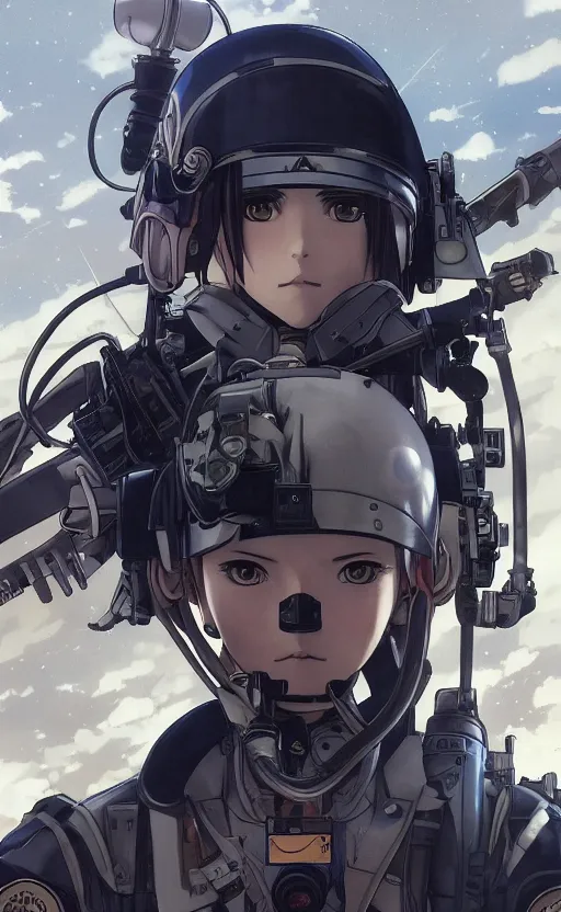 Image similar to pilot girl, cyborg aircraft parts, anime style, military pilot clothing, shoulder eyes, last exile anime, hair down, symmetrical facial features, from arknights, hyper realistic, 4 k, rule of thirds, extreme detail, detailed drawing, trending artstation, realistic lighting, by alphonse mucha, greg rutkowski, short neck