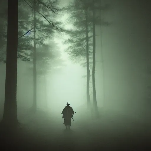 Image similar to a samurai walks alone through the woods at night, gloomy, dark, foggy, night, ominous, dark color, atmospheric, cinematic lighting, intricate detail?
