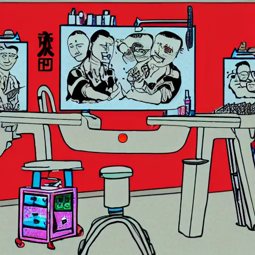 Image similar to chinese surgery operating table, in the style of daniel johnston and outsider art, 8k, line brush, overlaid with chinese adverts