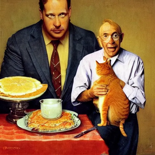 Image similar to fat orange tabby cat next to curly haired man and lasagna on table, norman rockwell