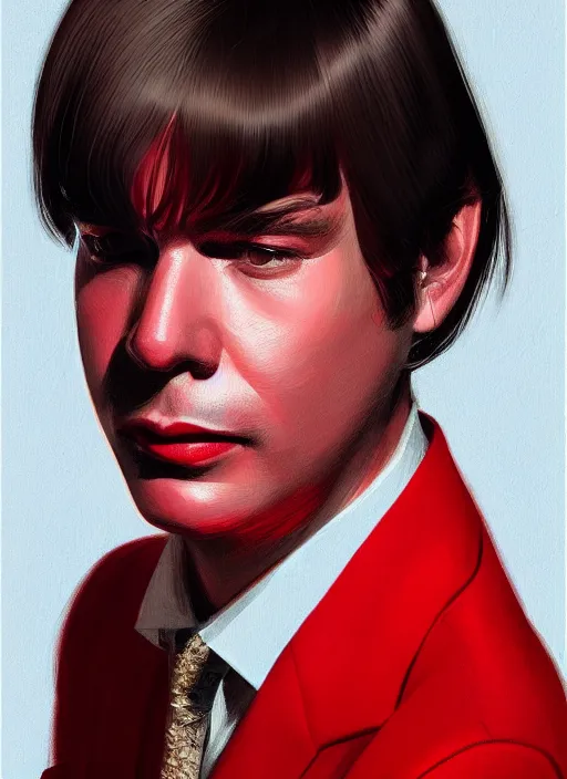 Image similar to portrait of tom jobim with bangs, 1 9 6 0 s, long hair, red clothes, bangs, intricate, elegant, glowing lights, highly detailed, digital painting, artstation, concept art, smooth, sharp focus, illustration, art by wlop, mars ravelo and greg rutkowski