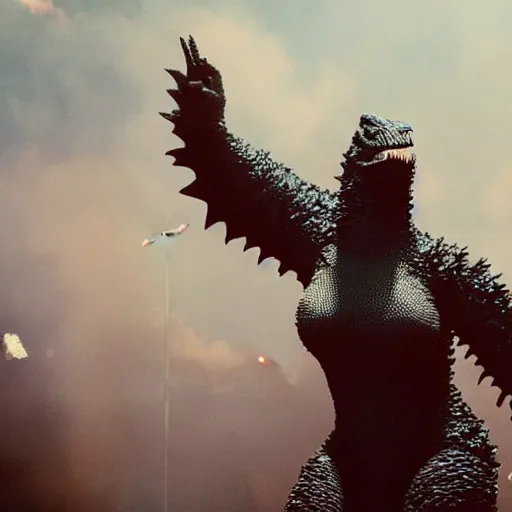 Image similar to Godzilla as Beyoncé performing on stage at Coachella, photo