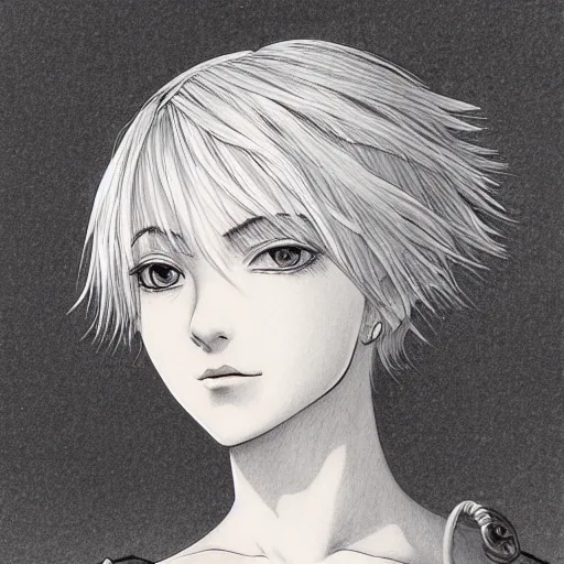 Prompt: portrait of a woman with short white hair, 1 2 3 4, medium shot, illustration, highly detailed, high quality, by kentaro miura