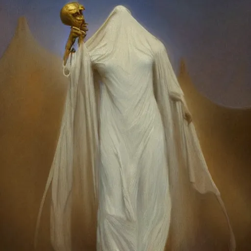 Prompt: a silhouette dressed with a shroud wearing a golden mask, by jean delville and sophie anderson and mandy jurgens, golden ratio, perfect composition, elegant, no crop, extremely detailed, hd, masterpiece, artstation