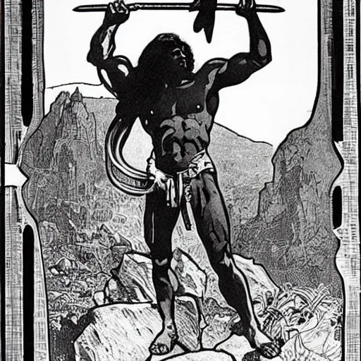 Image similar to muscular human barbarian on mars, standing on boulder, science fiction pulp illustration, Alphonse Mucha