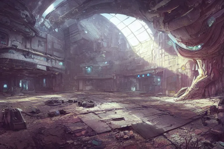 Image similar to an ancient damaged spaceship in the interior of an post - apocalyptic cyberpunk courtyard an old oak tree grows inside the courtyard golden rays of sunlight enter through the window gold neon lights digital art trending artstation beautiful cinematic light